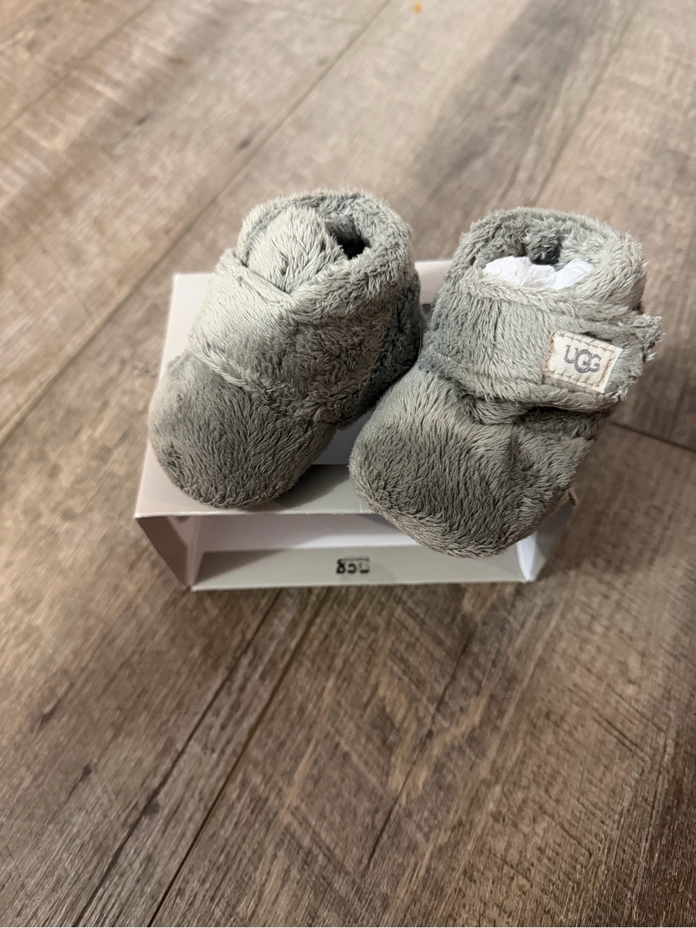 UGG Soft Grey Plush Baby Booties with Hook Strap